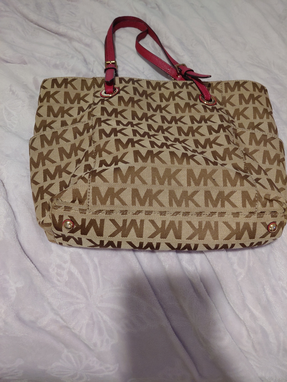 Michael Kors Beige MK Signature Tote with Pink Handles